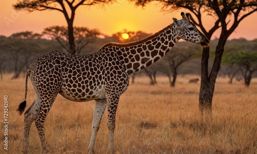 Savanna Sovereignty  Giraffe Majesty in Its Native Sanctuary with Sunset Key Lighting