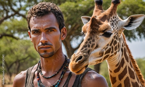 Tall Tales: Giraffe Sanctuary in Savanna Splendor with a Tribesman © bellart
