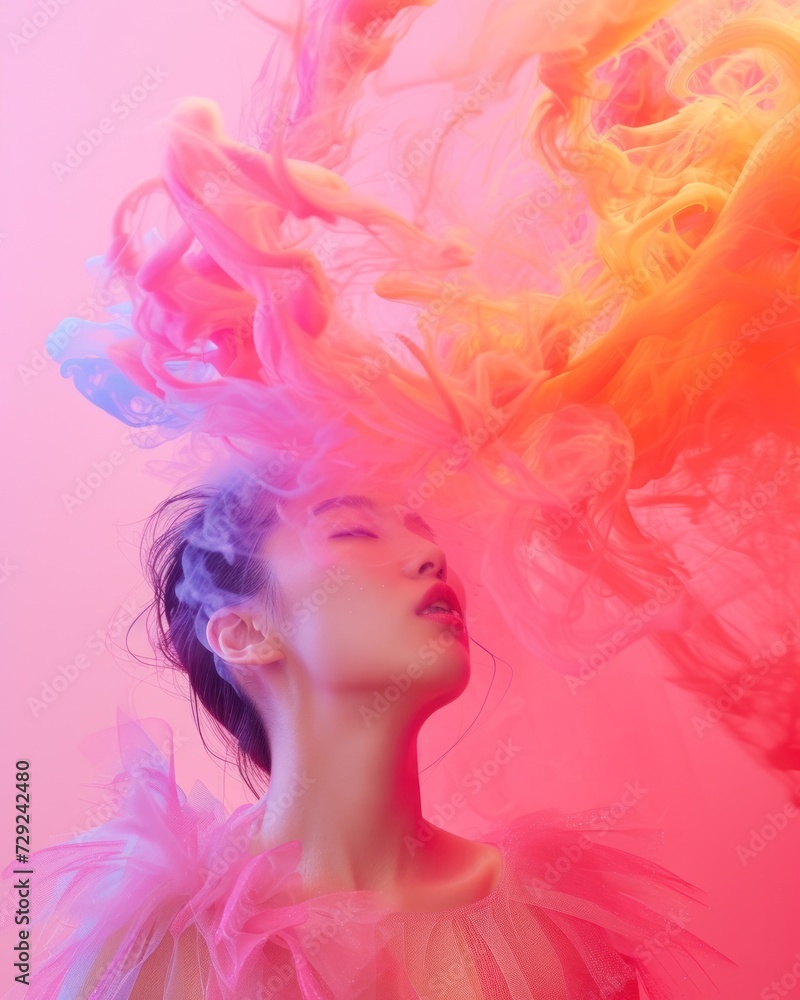 Dreamlike photo of a woman looking up with pink smoke swirling around her in a surreal fashion