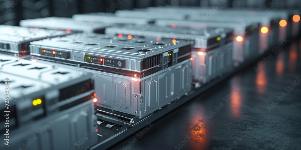 battery energy storage system consisting of several lithium battery modules placed side by side. ai generative. battery energy storage system consisting of several lithium battery modules placed side by side. ai generative.