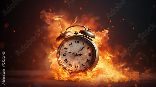 Clock on fire, symbolyzing time passing fast and being late