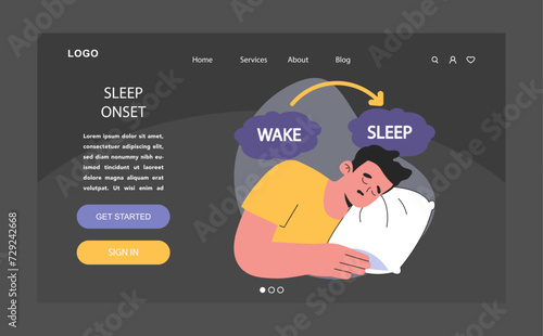 Sleep onset dark or night mode web, landing. Transition between wake and sleep. Young man falling asleep hugging his pillow during the night. Dreaming male character. Flat vector illustration.