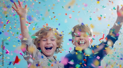 Happy kids throwing colorful confetti in a room : Generative AI