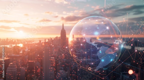 Earth globe with digital connection hologram, New York skyline on background. Metaverse and social marketing. Concept of global internet and worldwide network : Generative AI © Generative AI
