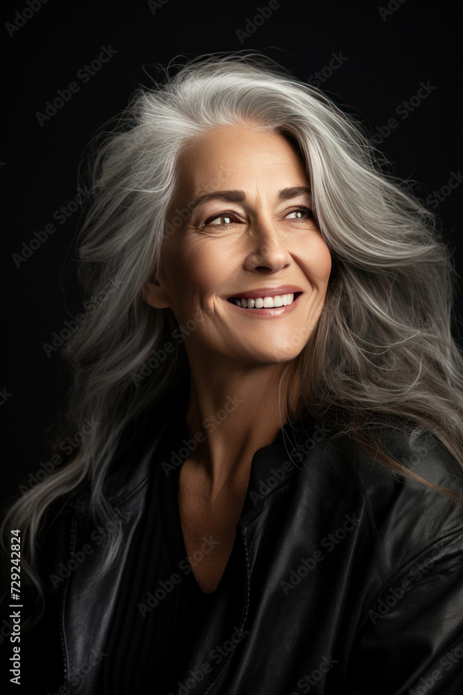 A beautiful aging mature woman with long gray hair and happy smiling touch face.
