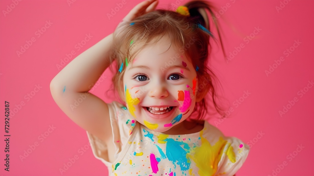 A beautiful little girl stained in multicolored paints on a pink isolated background has fun smiling. : Generative AI A beautiful little girl stained in multicolored paints on a pink isolated background has fun smiling. : Generative AI