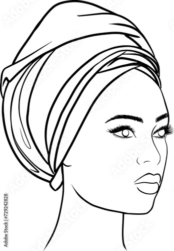 Beautiful african woman with traditional headscarf outline illustration isolated