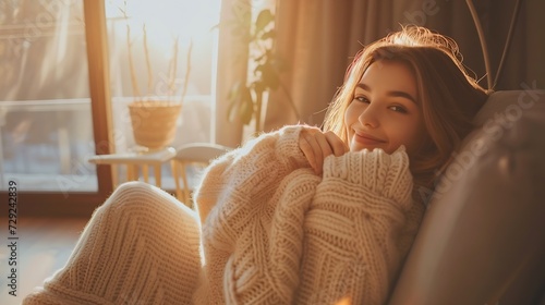 Happy young woman sitting on sofa at home and looking at camera. Portrait of comfortable woman in winter clothes relaxing on armchair. Portrait of beautiful girl smiling and relaxing d : Generative AI photo