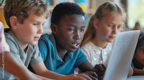 Teacher Teaching Diverse School Kids Using Laptop In Classroom. African American Schoolboy And Diverse Classmates Browsing Internet On Computer Learning Online Indoor. E-Learning Conce : Generative AI photo