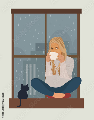 Illustration of a girl at home drinking coffee while sitting on the windowsill. Lunch time during online work.