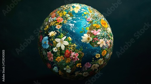 Earth depicted as a realistic globe where continents are visualized as expansive floral gardens  presenting a stunning representation of the planet s continents blooming with diverse and colorful flow