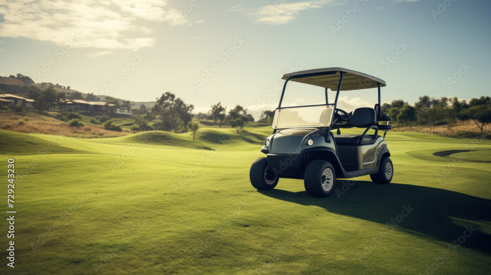 A golf car on the golf course.