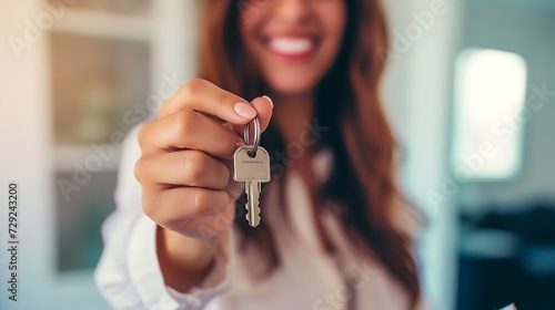 Happy young professional hispanic latin female realtor or broker holding keys and paper agreements in hands, proposing renovated news stylish apartment to client, real estate service c : Generative AI photo
