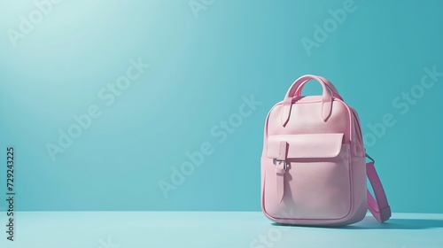 Pastel pink school bag floating on sky blue background. Surreal modern still life. Back to school minimal concept. : Generative AI