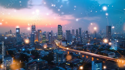 Energy Digitalization Smart city with Wireless network and Connection technology concept with Abstract Bangkok city background : Generative AI