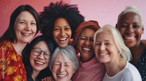 Portrait of cheerful mixed age range multi ethnic women celebrating International Women's Day : Generative AI photo
