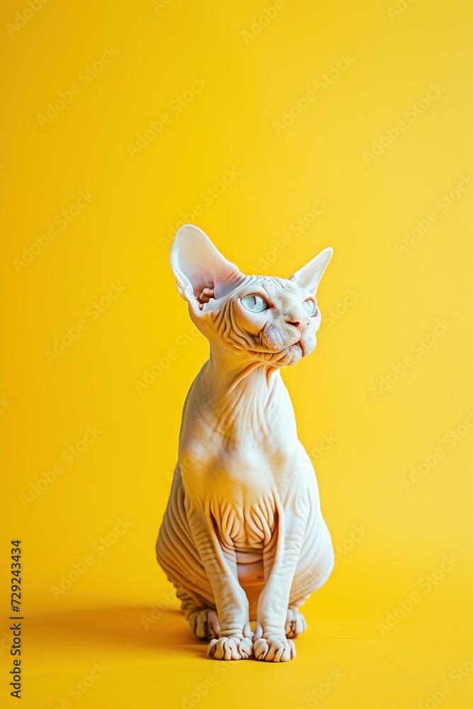 Graceful sphynx cat in peaceful pose with closed eyes, against a radiant yellow background