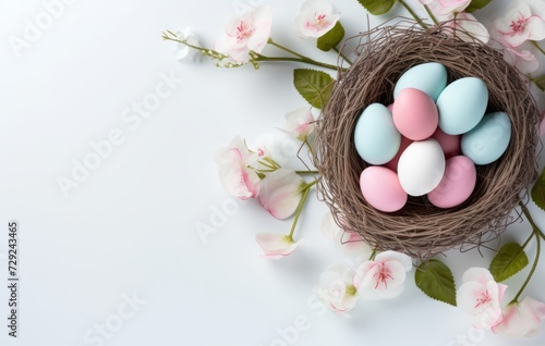 eggs and nest background with copy space. colorful easter eggs and branches on white background