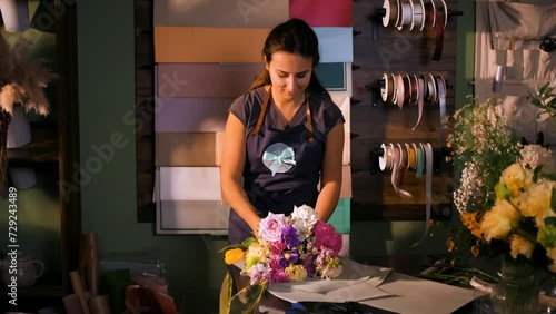 Young woman working in her flower shop making bouquet with various types of flowers.