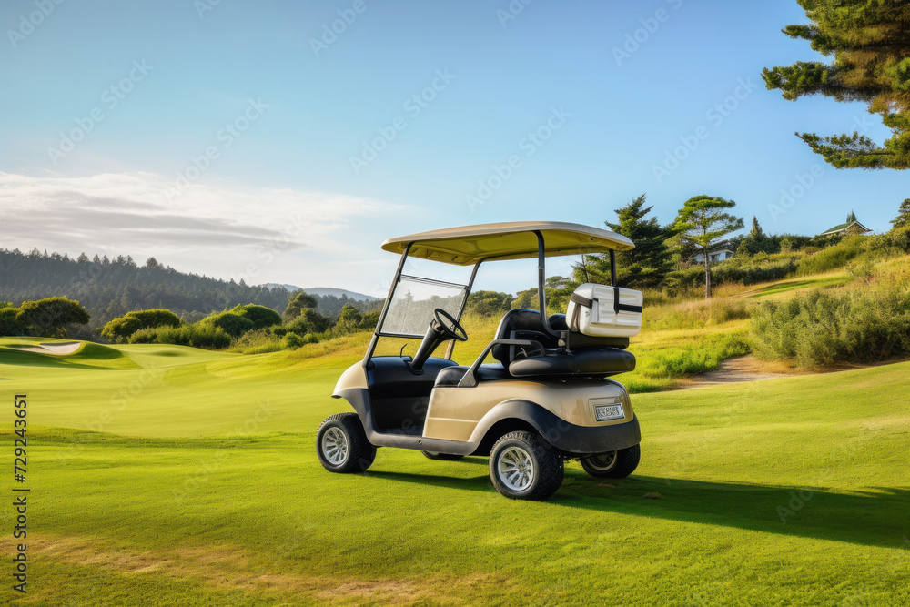 A golf car on the golf course.