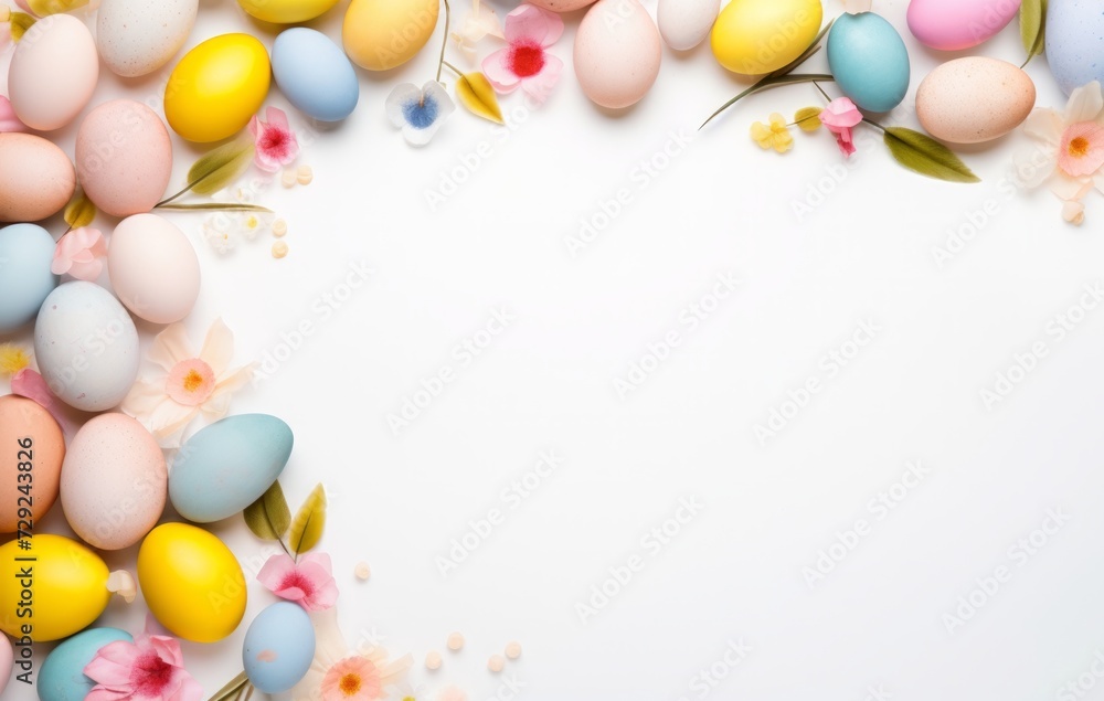 eggs and nest background with copy space. colorful easter eggs and branches on white background