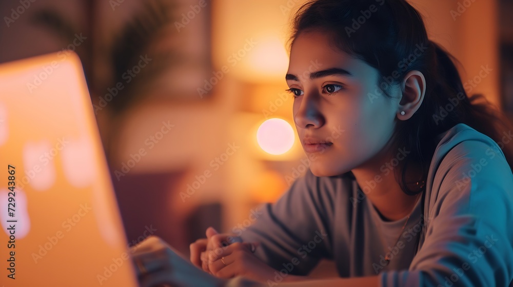 Hispanic teen girl, latin young woman school student, remote worker learning watching online webinar webcast class looking at laptop elearning distance course or video calling remote t : Generative AI - obrazy, fototapety, plakaty 