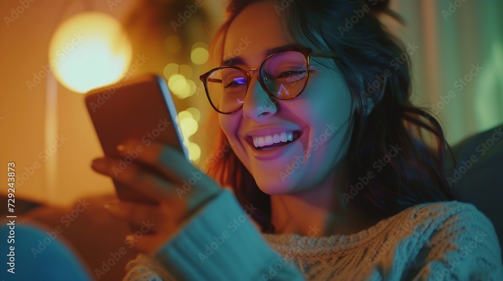 Young smiling woman wearing glasses holding smartphone using cellphone modern technology, looking at mobile, checking cell phone apps, texting, browsing internet for shopping sitting a : Generative AI Young smiling woman wearing glasses holding smartphone using cellphone modern technology, looking at mobile, checking cell phone apps, texting, browsing internet for shopping sitting a : Generative AI