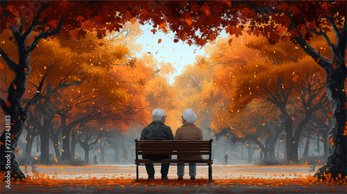 View from back of old couple on a bench of a city Park, vectorial