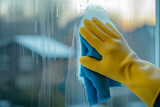 Close-up of hand-in-glove washing window with microfiber cloth
