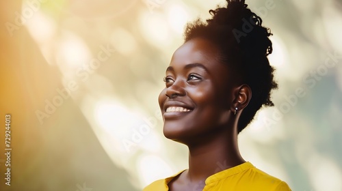 Portrait of smiling young african woman looking away at copy space : Generative AI