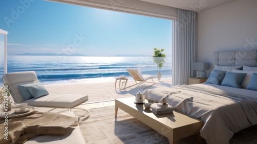 Exclusive beachfront suite with panoramic ocean views. Generative AI © vadosloginov