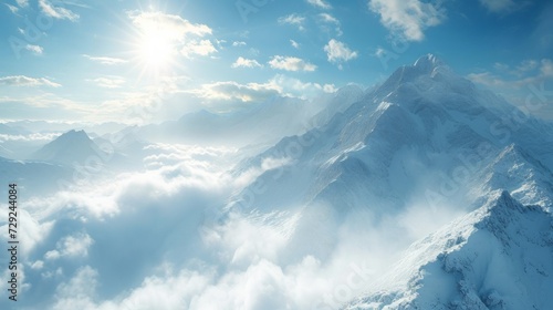 Expansive snowy mountain vista with wispy clouds dancing around the peaks, sunbeams piercing through the clouds, creating a breathtaking alpine scene Generative AI © vadosloginov