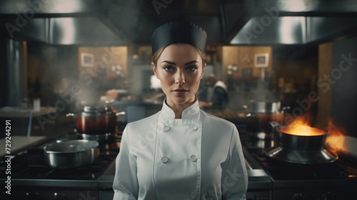 Female chef tasting food  quality control  culinary expertise displayed in a restaurant kitchen Generative AI
