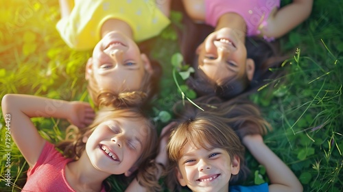 Portrait of cheerful kids lying together on grass at summer camp   Generative AI