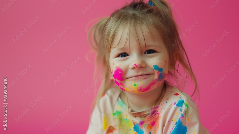 A beautiful little girl stained in multicolored paints on a pink isolated background has fun smiling. : Generative AI A beautiful little girl stained in multicolored paints on a pink isolated background has fun smiling. : Generative AI