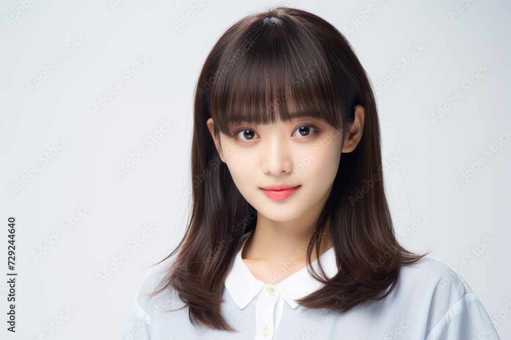 Young Asian woman in serene smile, wearing white relax pajamas against a plain white background. Generative AI. Young Asian woman in serene smile, wearing white relax pajamas against a plain white background. Generative AI.