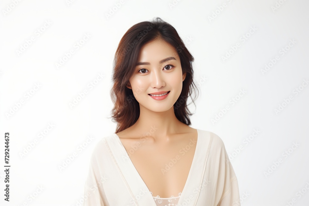 Young Asian woman in serene smile, wearing white relax pajamas against a plain white background. Generative AI. Young Asian woman in serene smile, wearing white relax pajamas against a plain white background. Generative AI.