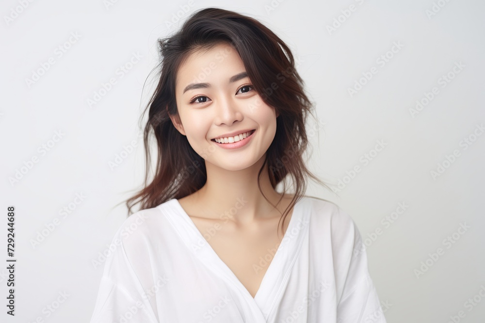 Young Asian woman in serene smile, wearing white relax pajamas against a plain white background. Generative AI. Young Asian woman in serene smile, wearing white relax pajamas against a plain white background. Generative AI.