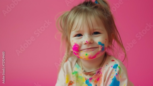 A beautiful little girl stained in multicolored paints on a pink isolated background has fun smiling. : Generative AI