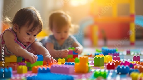 Children play with a toy designer on the floor of the children's room. Two kids playing with colorful blocks. Kindergarten educational games. : Generative AI