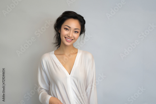 Young Asian woman in serene smile  wearing white relax pajamas against a plain white background. Generative AI.