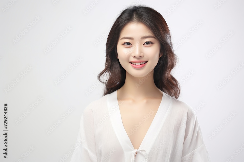 Young Asian woman in serene smile, wearing white relax pajamas against a plain white background. Generative AI. Young Asian woman in serene smile, wearing white relax pajamas against a plain white background. Generative AI.