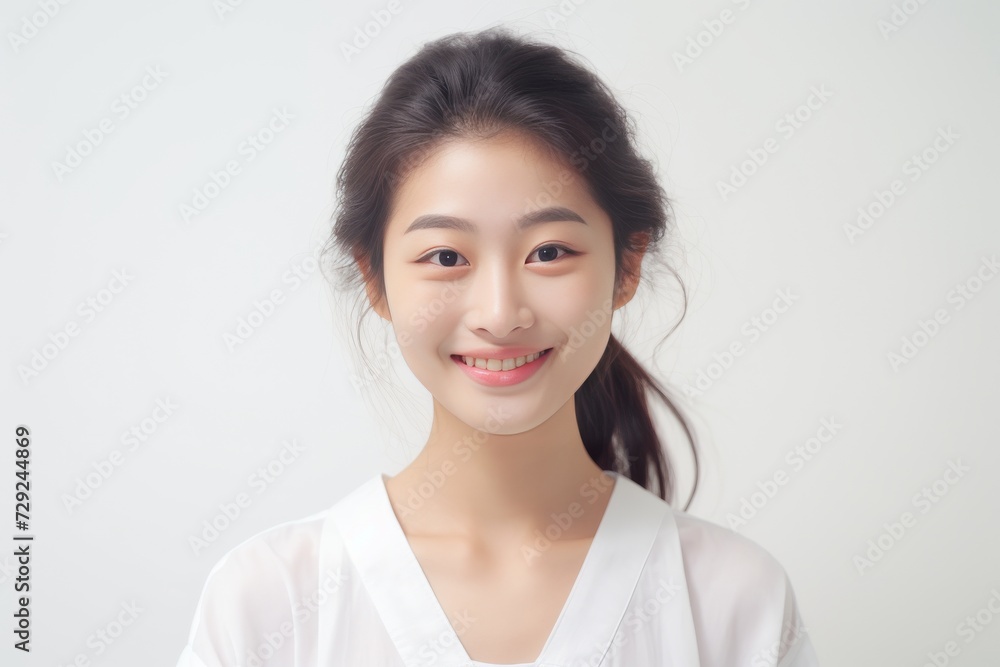Young Asian woman in serene smile, wearing white relax pajamas against a plain white background. Generative AI. Young Asian woman in serene smile, wearing white relax pajamas against a plain white background. Generative AI.