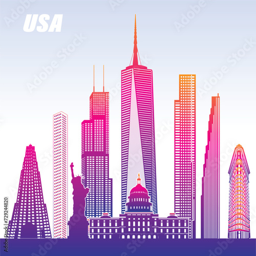 Vector silhouette of the iconic USA skyline, featuring landmarks like the Empire State Building, One World Trade Center, Statue of Liberty, and more, capturing them in stunning detail