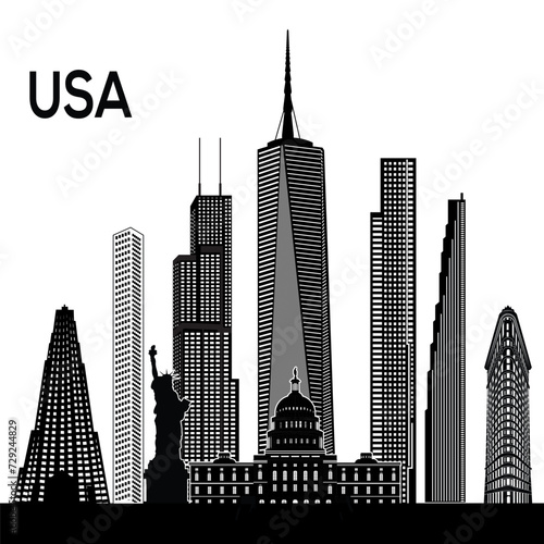 Vector silhouette of the iconic USA skyline, featuring landmarks like the Empire State Building, One World Trade Center, Statue of Liberty, and more, capturing them in stunning detail