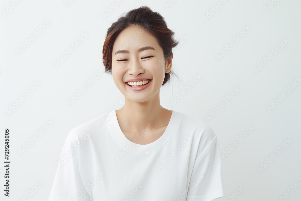 Young Asian woman in serene smile, wearing white relax pajamas against a plain white background. Generative AI. Young Asian woman in serene smile, wearing white relax pajamas against a plain white background. Generative AI.