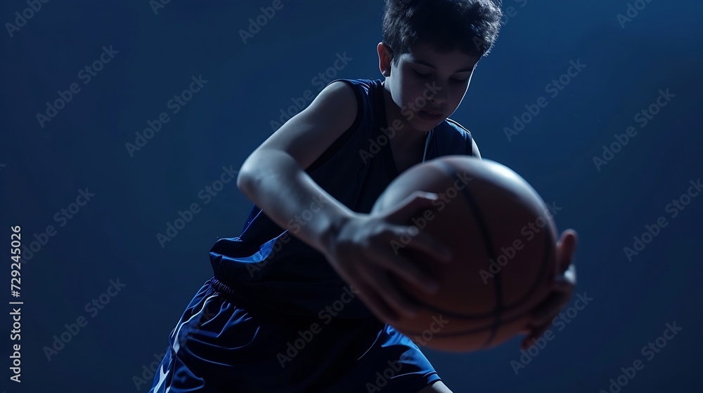 Junior level basketball player bouncing basketball. Young basketball player with classic ball. Basketball training session for youth. School sports class : Generative AI Junior level basketball player bouncing basketball. Young basketball player with classic ball. Basketball training session for youth. School sports class : Generative AI