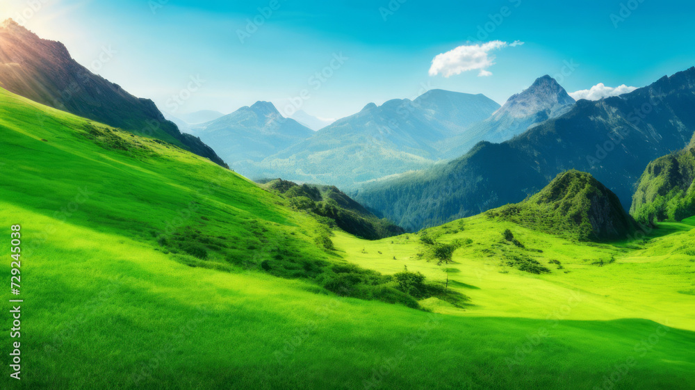 Very beautiful mountain and natural views in the morning, with nice green grass Very beautiful mountain and natural views in the morning, with nice green grass