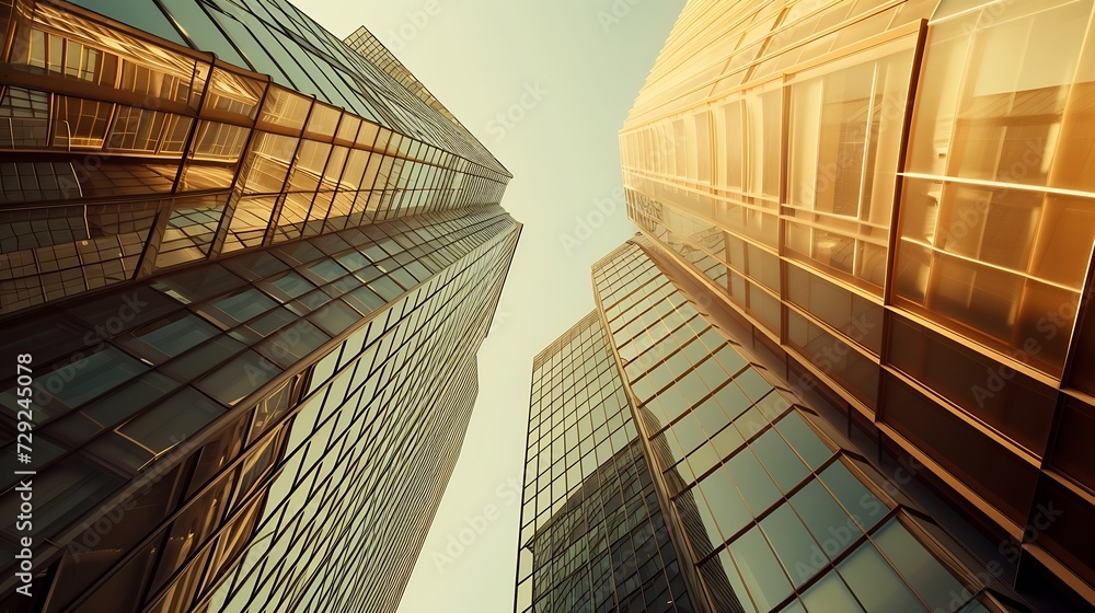 Obraz premium Low angle view of modern office buildings in the financial area of Poblenou in the city of Barcelona in Catalonia in Spain : Generative AI