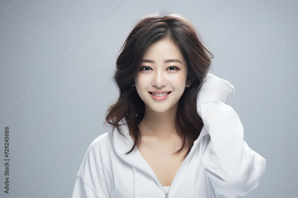 Serene young lady of Asian descent dons comfortable white loungewear, exuding a peaceful expression against a backdrop of pure white. Generative AI. Serene young lady of Asian descent dons comfortable white loungewear, exuding a peaceful expression against a backdrop of pure white. Generative AI.